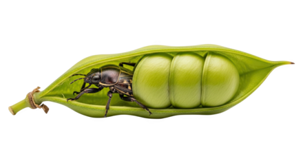 A beetle rests inside a vibrant green pea pod with three plump peas isolated on transparent background