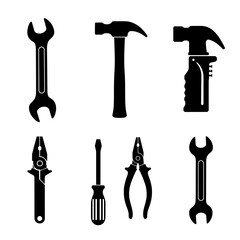 A set of black and white tool icons arranged in a simple, graphic composition is perfect for construction, repair, and DIY-themed designs and illustrations.