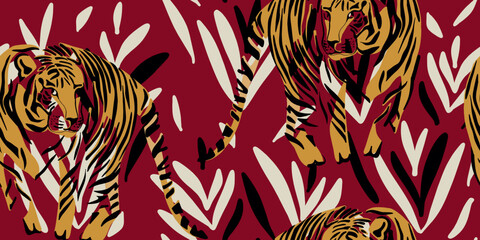 Tigers in a jungle setting seamless Pattern