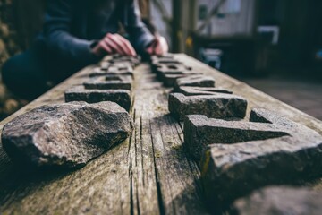 Fototapeta premium Creation Learning Guide concept. Close-up of hands arranging stones on a wooden surface in a rustic setting.