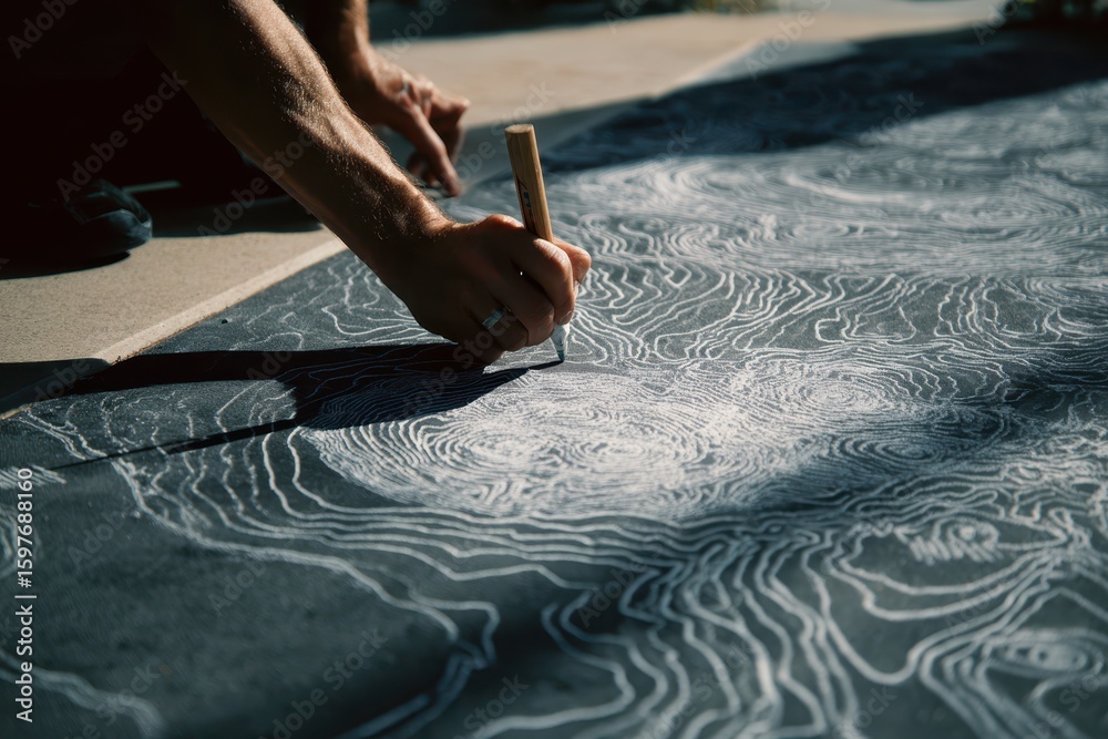 Poster creation learning guide concept. an artist creates intricate designs on a textured surface with a to
