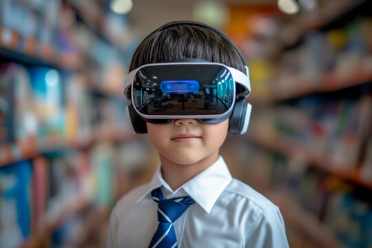 Portrait of a schoolboy wearing a VR headset, experiencing virtual reality while learning about robotics in an elementary school class, integrating technology in education, Generative AI - Powered by Adobe