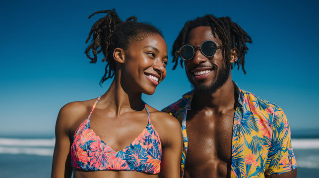 Smiling couple enjoying a sunny day at a tropical beach with crystal blue waters. serene ocean backdrop and their happy expressions evoke feelings of relaxation, joy, and a tropical vacation getaway