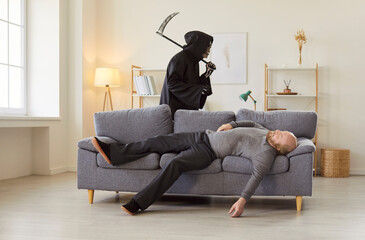 Death coming to old senior man at home, finding new victim, male panic attack, black halloween Grim...