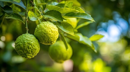 Detailed close-up composition of a flourishing bergamot citrus tree in a sunlit garden capturing lively natural vitality