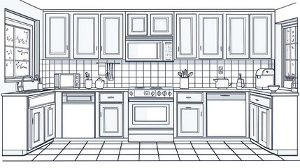 Line drawing of a corner kitchen.