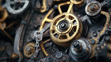 Complex clockwork bronze, gold, and steel gears meshing in an intricate pattern