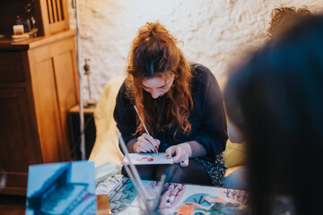 A woman concentrates deeply as she paints a design on a canvas indoors. Surrounded by creativity...