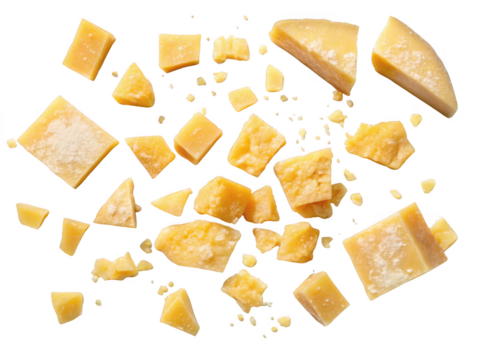 Scattered pieces of delicious hard cheese isolated on transparent background