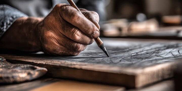 Creation Learning Guide concept. A hand sketching on wood, showcasing craftsmanship and artistry. - Powered by Adobe