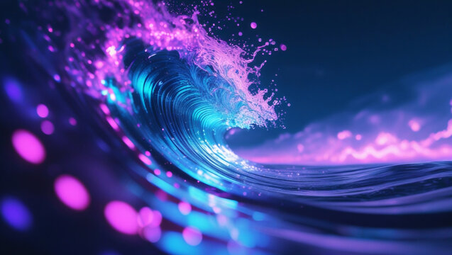 Vibrant, bioluminescent ocean wave crests, glowing purple and blue, at night.