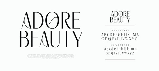 Adore Beauty modern elegant font logo. Stylish uppercase and lowercase typography for luxury branding, fashion, and beauty design. Minimalist serif typeface with refined decorative details. Vector ill