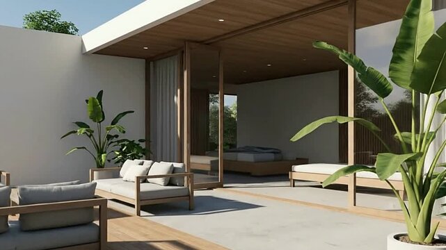 Bright patio with modern openair lounge grey sofas sleek planters and natural wood finishes merging indooroutdoor spaces