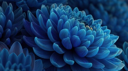 Abstract close-up of symmetrical blue chrysanthemum petals with intricate details and texture on a depth-enhancing background for floral art concepts