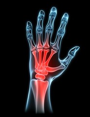 Fototapeta premium Medical illustration of a red-toned hand with joint pain or arthritis highlighting wrist and finger joints on black background with X-ray overlay for diagnostic concepts