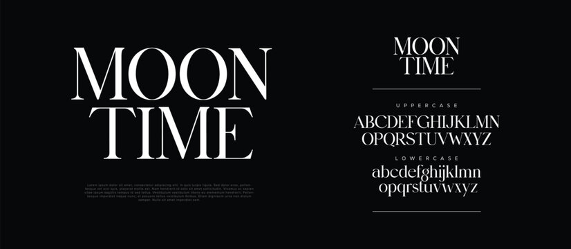 Moon Time elegant serif font logo. Luxury typography with classic uppercase and lowercase letters. Stylish modern design for fashion, branding, and editorial use. Vector illustration.