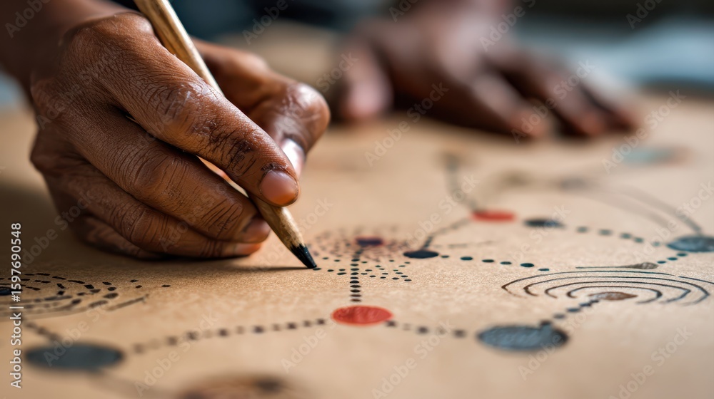 Poster creation learning guide concept. a hand drawing intricate designs on paper with colored dots and lin