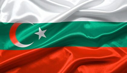 Custom flag with horizontal white, green, and red stripes, red crescent moon and white star in upper hoist corner, waving in daylight sky.