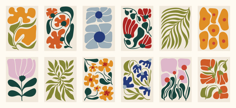 Flower doodle background art vector set. Botanical and leaves abstract shape doodle art design for print, wallpaper, clipart, wall art for home decoration.