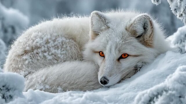 Arctic fox snuggled in the snow.
