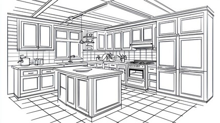 Line drawing of a kitchen design.