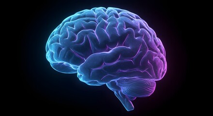Glowing 3D Human Brain Illustration on Black Background