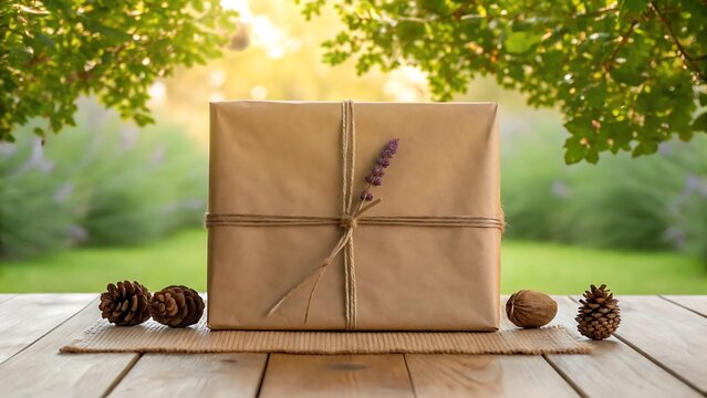 A brown paper package tied up with string sits in a garden