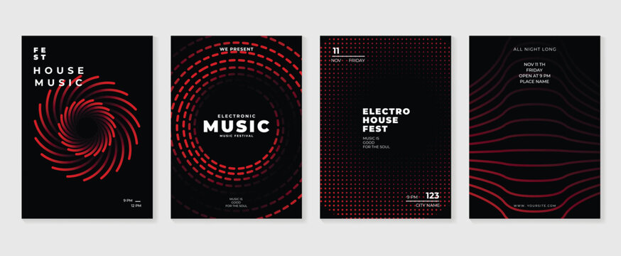 Music poster design background vector set. Electro Sound Cover template with vibrant abstract gradient geometric shape and line wave. Ideal design for social media, flyer, party, music festival, club.