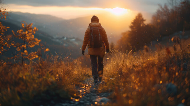 Hiker's journey through a golden meadow illuminated by a sunset. Nature's tranquility and escape.