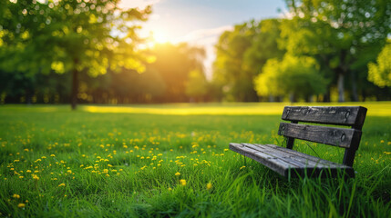 Fototapeta premium Park bench in a grassy field with wildflowers, bathed in warm sunlight filtering through the trees.