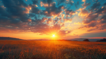 Fototapeta premium Golden hour illuminates a vibrant meadow under a striking sky, painting the horizon with warmth and light.