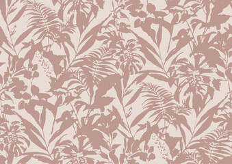 Seamless pattern featuring muted beige tropical foliage silhouettes on a cream background, perfect for resortwear, home decor, and surface pattern designs.