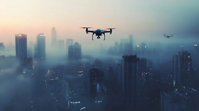 Futuristic surveillance drones flying silently over dark city skyline