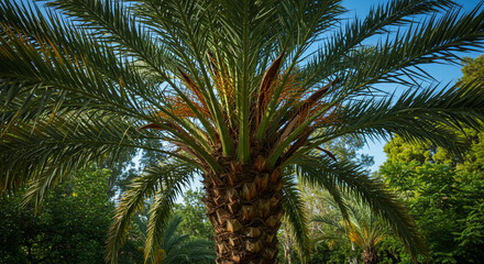 Fototapeta premium A tall tropical palm tree standing under the clear blue sky, with long green fronds swaying gently in the breeze. The scene evokes a relaxing, vacation-like atmosphere, often associated with tropical 