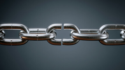 Obraz premium Breaking Chains, A minimalist graphic of a chain with one link broken, symbolizing freedom from financial burdens. Isolated on a dark gray background. 3d illustration.