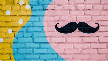 Pink brick wall with blue and yellow paint splashes and black mustache