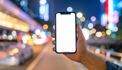 Hand Holding Blank Smartphone Screen in Blurry Night Cityscape