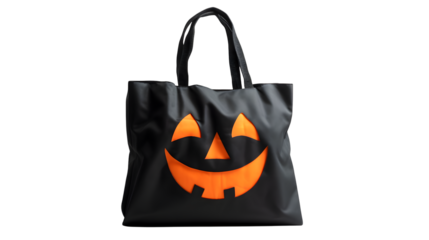 Halloween trick or treat bag black tote pumpkin face party favor accessory on transparent background