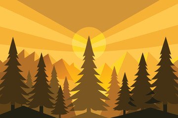 Golden Hour Forest Landscape with Sun Rays Over Majestic Mountains Vector Illustration.
