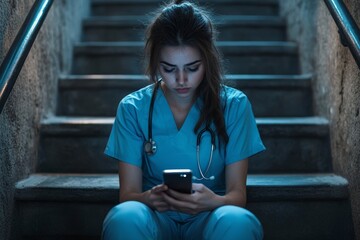 Young female doctor feeling overwhelmed at work, sitting on stairs and looking at her phone, reflecting the stress and exhaustion healthcare workers often face, addressing burnout, Generative AI