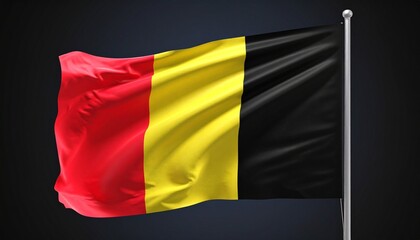 Obraz premium Belgian flag with vertical stripes of black, yellow, and red, flying on flagpole against dark background.