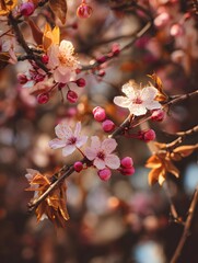 Fototapeta premium Delicate cherry blossoms bloom on branches, surrounded by vibrant spring foliage in a serene garden
