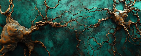 Rust and emerald abstract neural stream with branching tendrils medical tech backdrop