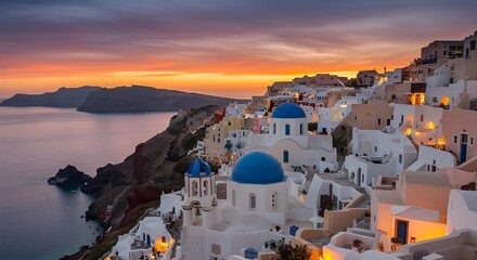 Sunset Over Santorini, Greece with Whitewashed Buildings – Breathtaking Aegean Views, Iconic Cycladic Architecture, and Romantic Island Scenery
