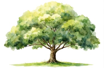Watercolor illustration of a large sycamore tree isolated on white. Lush green foliage, brown branches, sturdy trunk, and a base of green grass. This artwork captures the of nature beauty and growth.