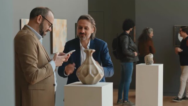 Professional discussion about ceramic art in modern gallery, business people exploring exhibition pieces while networking and evaluating contemporary sculptures for potential investment