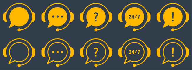 Flat style icon set showing customer support headsets with chat bubbles, question marks, 24/7 service, and alert signs. Ideal for tech support, online help, communication, and service apps.