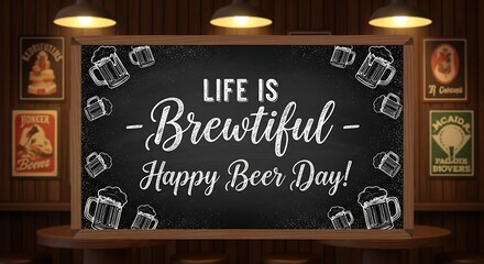 A chalkboard sign wishing a happy beer day in a vintage bar