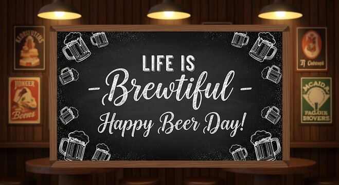 A chalkboard sign wishing a happy beer day in a vintage bar