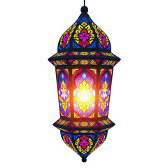 A colorful ornate arabic lantern with stained glass patterns glowing brightly isolated on transparent background
